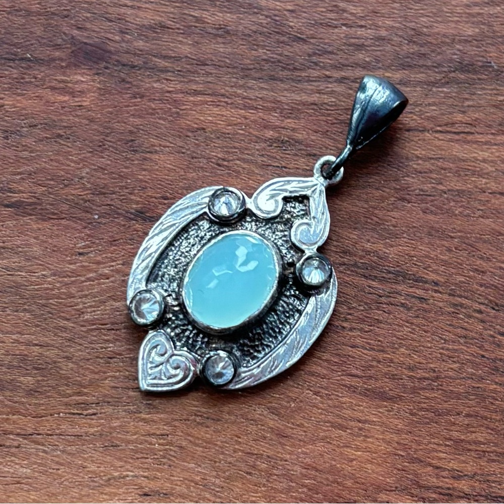 Antique Style Sterling Silver Pendant with Aqua Calcite Gemstone